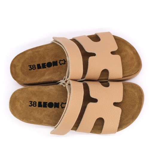 7032 Leon Divatos női bőr papucs – anatómiai talppal, beige pánttal