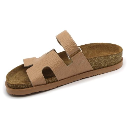 7032 Leon Divatos női bőr papucs – anatómiai talppal, beige pánttal