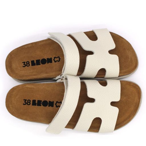 7032 Leon Divatos női bőr papucs – anatómiai talppal, törtfehér pánttal