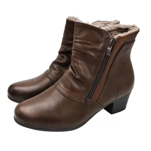 GLOW tömött sarkú, bélelt, dupla cipzáras női bokacsizma barna