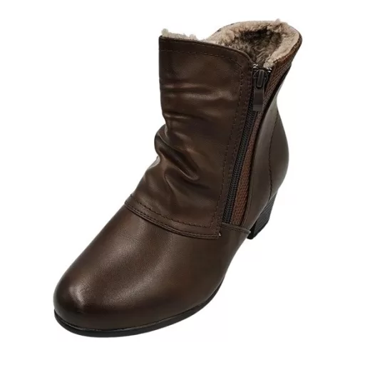 GLOW tömött sarkú, bélelt, dupla cipzáras női bokacsizma barna