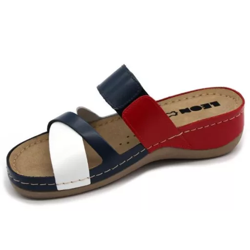 909 LEON csinos női zselés bőr gyógypapucs I fehér-piros-kék