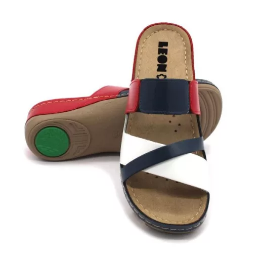 909 LEON csinos női zselés bőr gyógypapucs I fehér-piros-kék