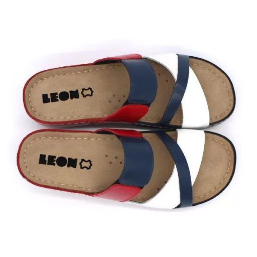 909 LEON csinos női zselés bőr gyógypapucs I fehér-piros-kék