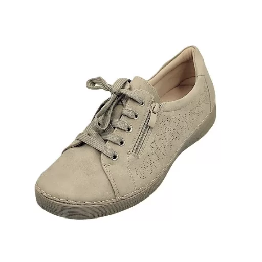 Siena női kényelmi fűzős félcipő cipzárral, bőr talpbetéttel – Beige