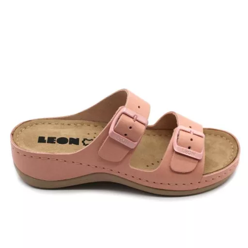 955 LEON lapos talpú csatos női gyógypapucs rózsaszín