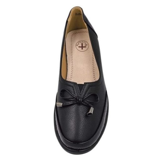 Luxe Bow csinos lakk és masni díszes fekete női félcipő bőr talpbetéttel