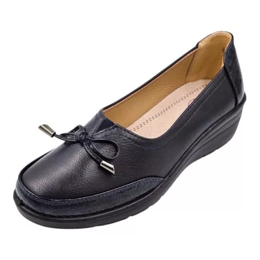 Luxe Bow csinos lakk és masni díszes sötétkék női félcipő bőr talpbetéttel