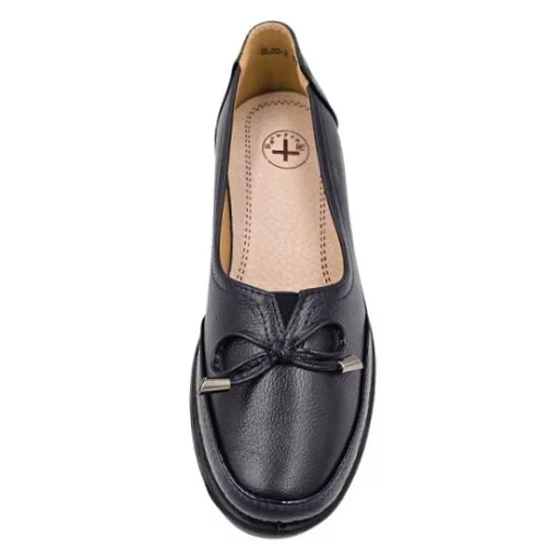 Luxe Bow csinos lakk és masni díszes sötétkék női félcipő bőr talpbetéttel