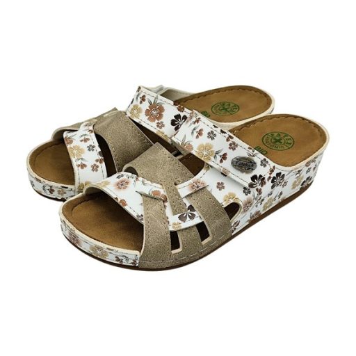 Anatomic biokomfort egy tépőzáras női papucs - fonatdíszes beige - barna virágos