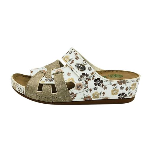 Anatomic biokomfort egy tépőzáras női papucs - fonatdíszes beige - barna virágos