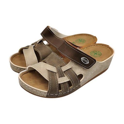 Anatomic biokomfort egy tépőzáras női papucs - fonatdíszes barna-beige
